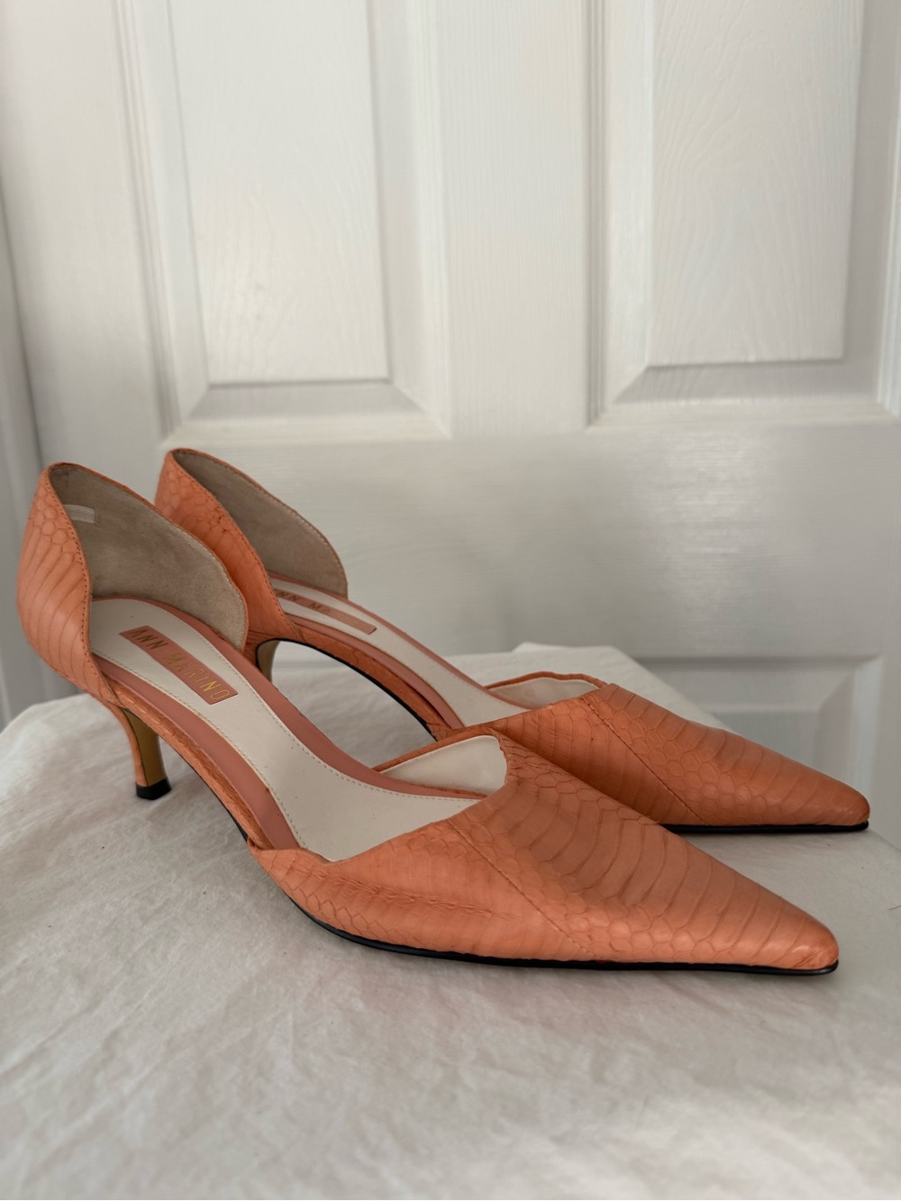 Ann Marino Coral Orange Pointed D'Orsay Kitten Heels